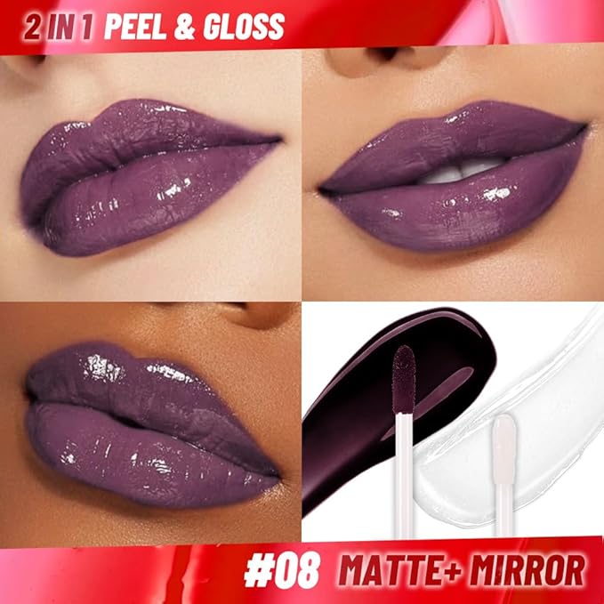 Dark Purple Peel off Lip Stain Lip Oil Dual Ended Combo Set with Tweezer, 2 in 1 Lips Liner Stain Oil Long Lasting Waterproof, High Pigmented Flawless Lips Tint Stick Not Faded Vegan & Cruelty-free
