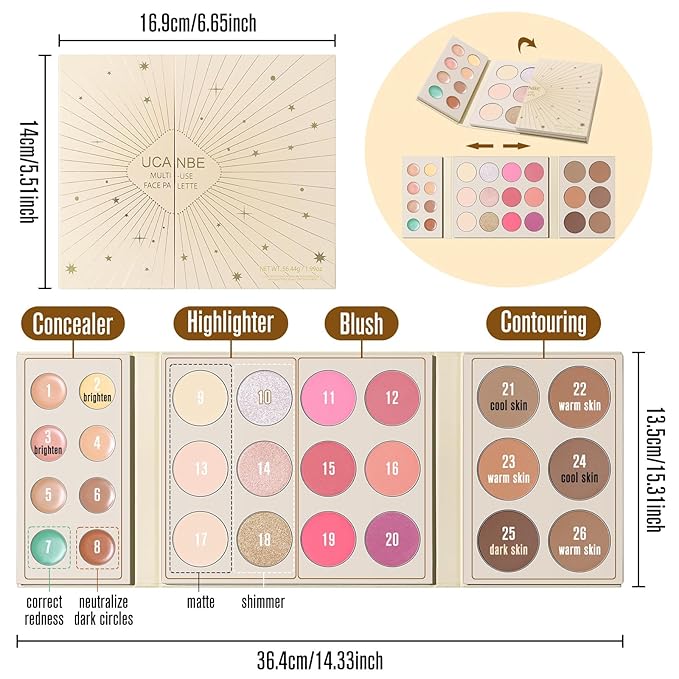 UCANBE 26 Colors 4-in-1 Multi-Use Face Palette, Long-Lasting Makeup Palette with 8 Concealers, 6 Contours, 6 Highlighters and 6 Blushes All In One Palette, High Coverage and Travel-Friendly
