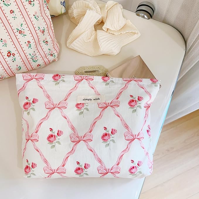 Wudygirl Makeup Bag Cosmetic Bag for Women Pink Pow Makeup Pouch Cute Makeup Organizer Portable Handbag Toiletry Bag Large Capacity Zipper Pouch (Pink Pow)