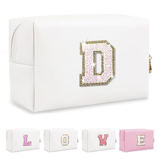 Small Initial Patch Makeup Bag Personalized Gifts Make Up Bag,White Cute PU Leather Glitter Letter Cosmetic Bag with Zipper,Trendy Portable Travel Toiletry Pouch,Preppy Stuff for Teen Girls Women D