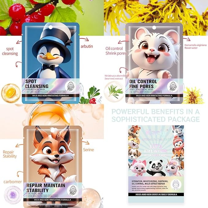 Kaely 8 Pack White Sheet Masks, Face Masks for Kids Teens Skin Care, Soothe Facial Mask for All Skin Types, Girls Night Skincare Spa Party, Birthday Gifts for Women Men, Set01