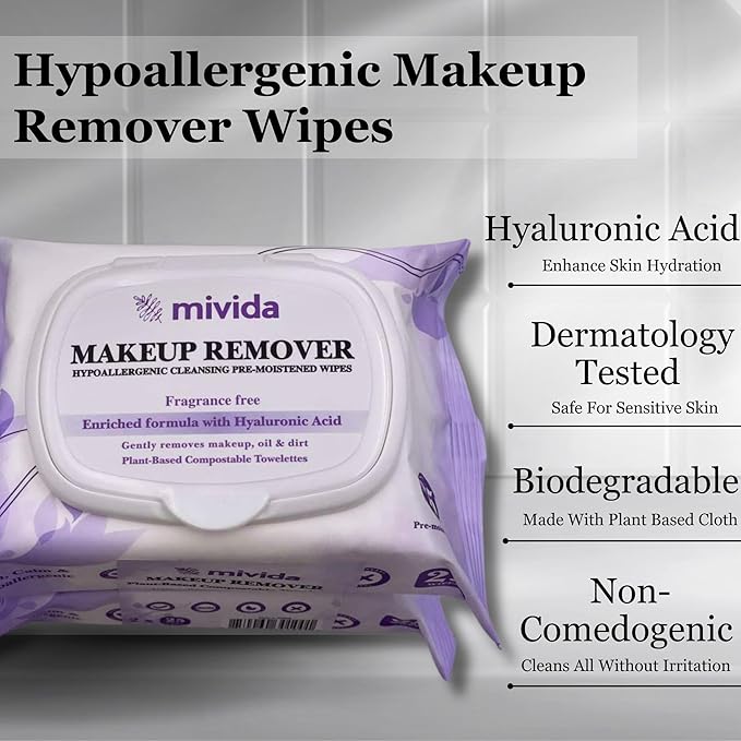 mivida Hypoallergenic Makeup Remover Wipes | 2 Pack of 25 Count | Biodegradable Facial Cleansing Makeup Remover Face Wipes with Hyaluronic Acid, Fragrance Free, Alcohol Free, Plant Based Wipes