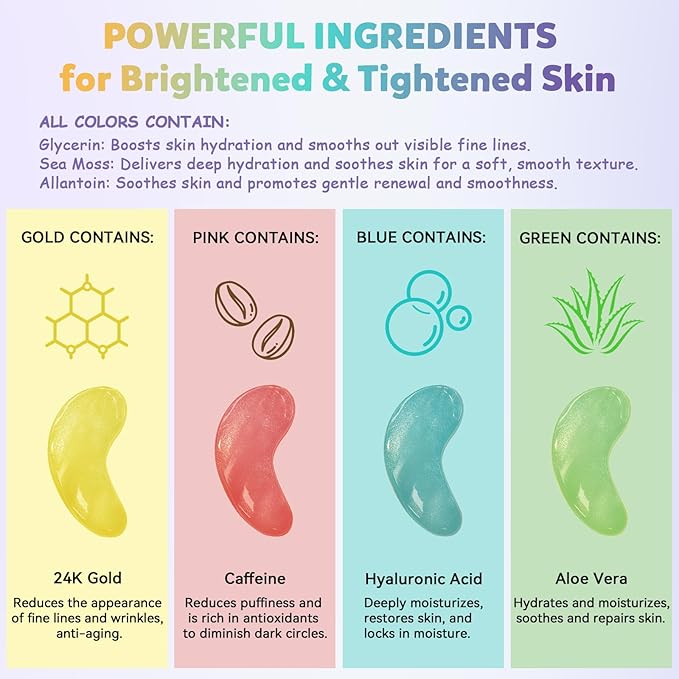 Under Eye Patches Variety Pack (24 Pairs), Eye Masks for Dark Circles Puffy Eyes Undereye Bags With 8 Colors (3 Pairs/Color), Vegan Eye Skin Care Set for Bachelorette Party Favors