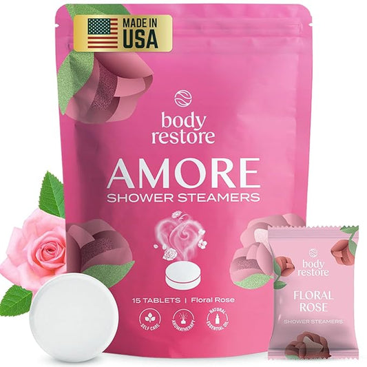 Body Restore Shower Steamers Aromatherapy 15 Pack - Birthday Gifts for Women, Men, Travel Essentials, Stress Relief, Relaxation, Self Care - Rose