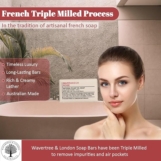 Wavertree & London Marakech Rose Scented Natural Soap Bars (2 Bars), 7oz Moisturizing French Triple Milled Soap enriched with shea butter - Plant Oil Bath & Body Soap Bars [100% Naturally derived]