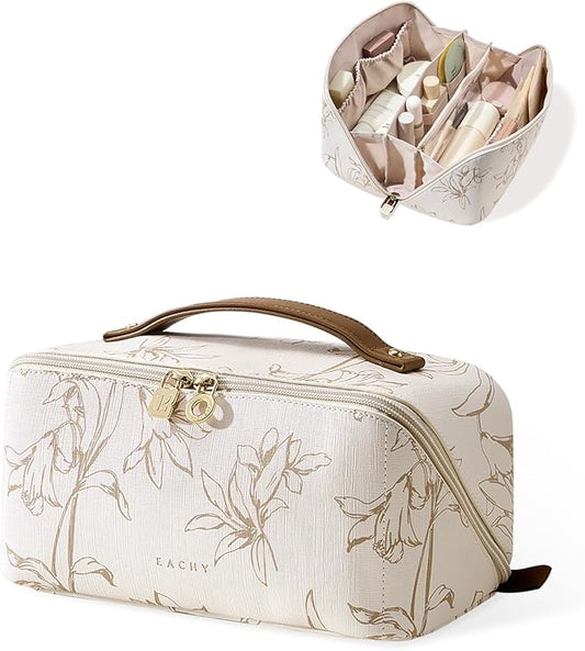 EACHY Travel Makeup Bag,Large Capacity Cosmetic Bags for Women,Waterproof Portable Pouch Open Flat Toiletry Bag Pattern Makeup Bag (F-Beige-Large)