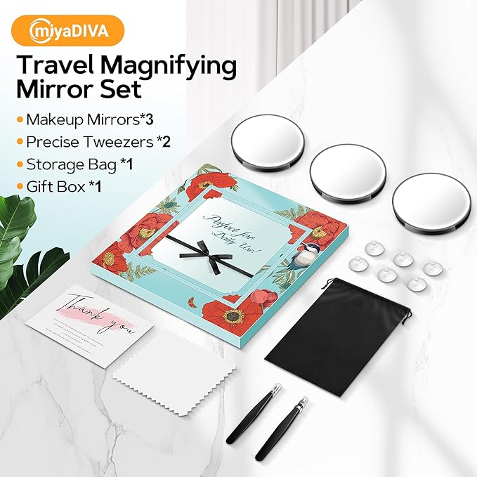 MIYADIVA Magnifying Mirror 40X/30X/20X, 3.5 Inch Round Compact Mirror with Suction Cup, 2Ps Stainless Steel Tweezers, Perfect for Makeup, Eyebrows, Beards, Travel