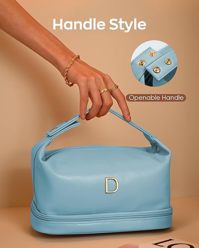 Teenage Girls Gifts Ideas, Personalized Makeup Bag with Handle, Initial Double Layer Cosmetic Bag with Makeup Brush Organizer, Gifts for Girls Teen Girls -10 11 12 13 14 15 16 17 18 Year Old