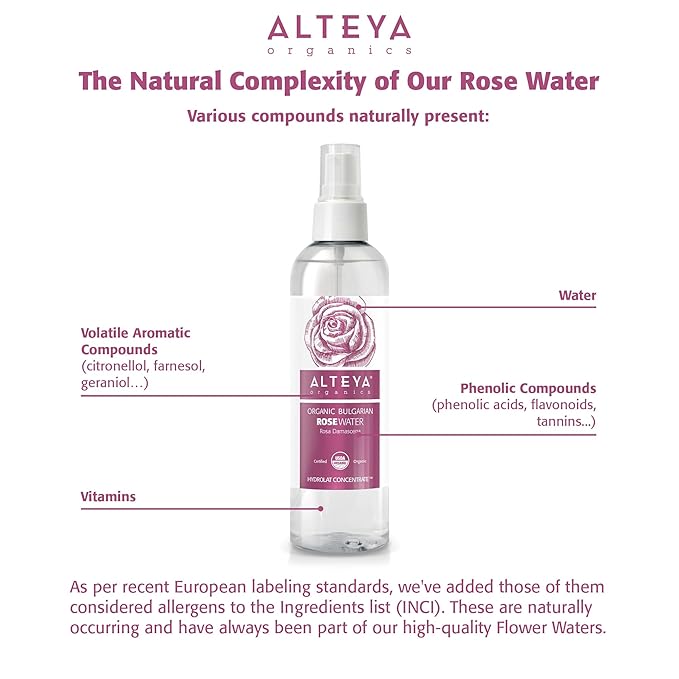 Alteya Organics Rose Water USDA Certified Organic Facial Toner, 8.5 Fl Oz/250mL Pure Bulgarian Rosa Damascena Flower Water, Award-Winning Moisturizer BPA-Free Spray Bottle