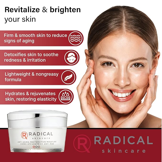 Radical Skincare Anti Aging Restorative Moisturizer - w/Jojoba, Vitamin E, & Aloe | Hydrating | Antioxidant Rich, Non-Drying, Gentle | For All Skin Types | Paraben & Cruelty Free (1.7 Oz, 2 Pack)