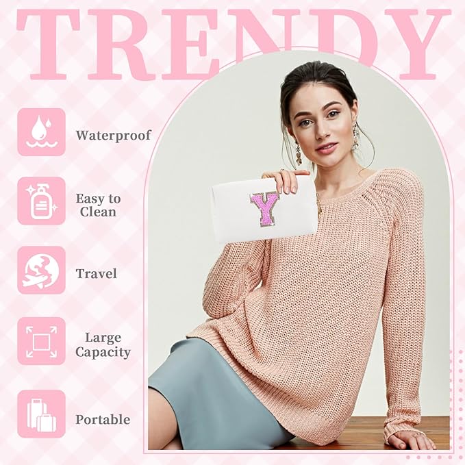 Small Initial Patch Makeup Bag Personalized Gifts Make Up Bag,White Cute PU Leather Glitter Letter Cosmetic Bag with Zipper,Trendy Portable Travel Toiletry Pouch,Preppy Stuff for Teen Girls Women Y