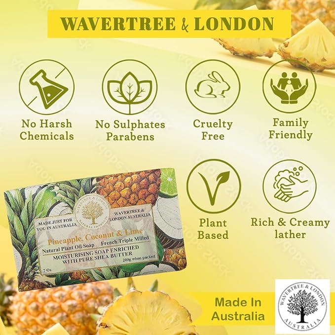 Wavertree & London Pineapple, Coconut & Lime Scented Natural Soap (2 Bars), 7oz Moisturizing French Triple Milled Soap Bars enriched with shea butter - Pure Plant Oil Bath & Body Soap Bars