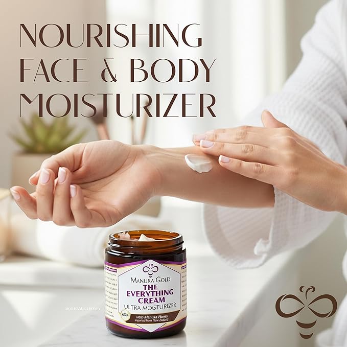 Manuka Gold The Everything Cream - Honey Manuka Cream in Glass Jar with Nourishing Oils for Dry skin - Hydrating Face Moisturizer with Aloe, Shea & Coconut - 8 Fl Oz