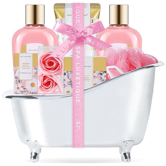 Self Care Gifts for Women, Spa Luxetique Bath and Body Gift Set, 8pcs Daisy Gift Baskets for Women with Bubble Bath, Lotion, Mothers Day Gifts for Mom