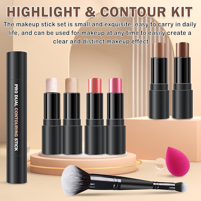 6 Colors Cream Contour Stick Makeup Kit,Double-ended Cream Bronzer,Highlighter,Blush Stick,Lightweight Contour Makeup Kit for Sculpt the Cheeks,Waterproof Contorno Maquillaje - Set C