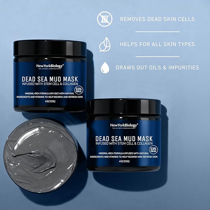 New York Biology Dead Sea Mud Mask for Face & Body | with Stem Cell and Collagen | Face Mask, Brush Applicator, Towel | Spa Quality Pore Refiner for Oily Skin | Natural Skincare for Women & Men | 4 oz