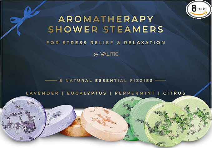 Valitic Aromatherapy Shower Steamers for Stress Relief and Relaxation - Gifts for Women Mom Birthday 8 Natural Essential Fizzies Shower Bombs - 4 Scents - Lavender, Eucalyptus, Citrus, and Peppermint