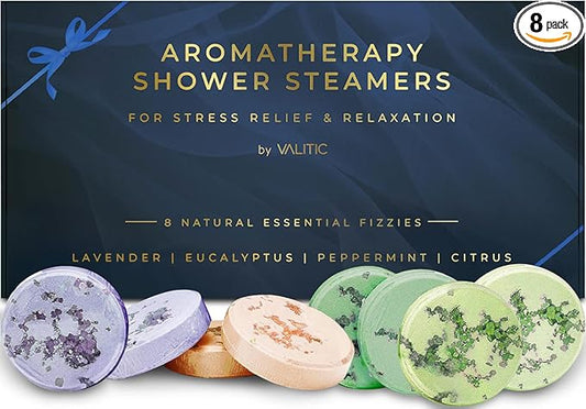 Valitic Aromatherapy Shower Steamers for Stress Relief and Relaxation - Gifts for Women Mom Birthday 8 Natural Essential Fizzies Shower Bombs - 4 Scents - Lavender, Eucalyptus, Citrus, and Peppermint