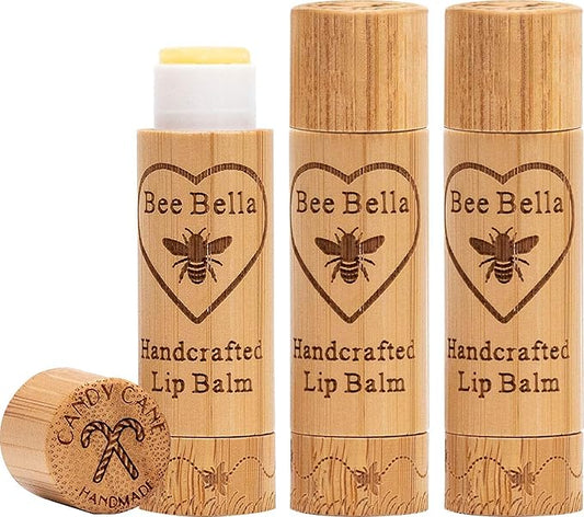 Bee Bella Lip Balm, Candy Cane, 3 Pack - Hydrating, Moisturizing Lip Care, 100% Natural, Original Organic Beeswax with Vitamin E, Handmade in USA