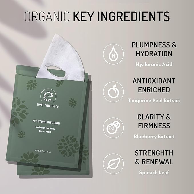 Eve Hansen Collagen Face Mask Sheets Set of 5 – Hydrating & Nourishing Care for All Skin Types – With Hyaluronic Acid, Tangerine Peel, Blueberry Extract & Spinach Leaf