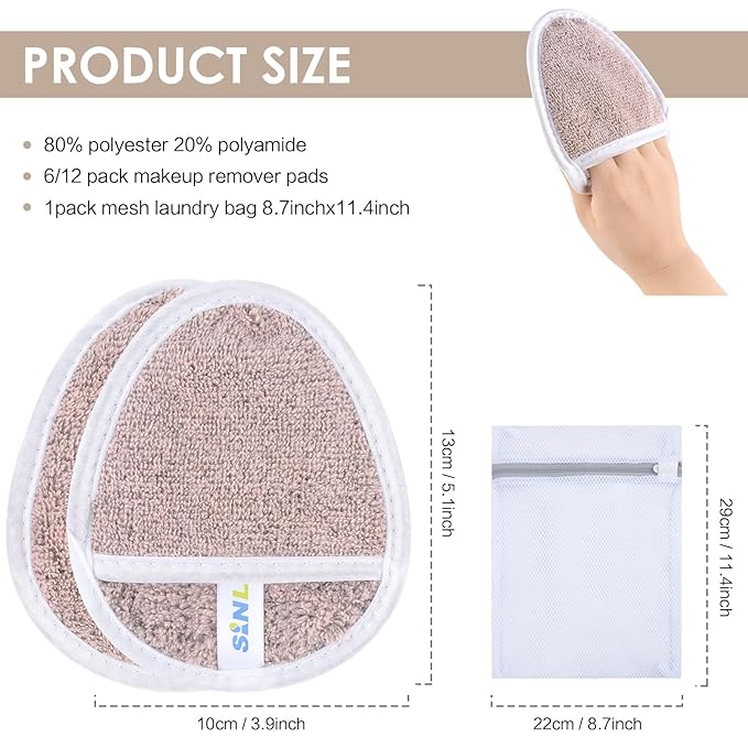 SINLAND Reusable Makeup Remover Pads For Face,Eye,Lips Microfiber Gentle Facial Cleansing Cloths for All Skin Types Friendly for Makeup Remover With Laundry Bag 5.1inchx3.93inch Pack of 12