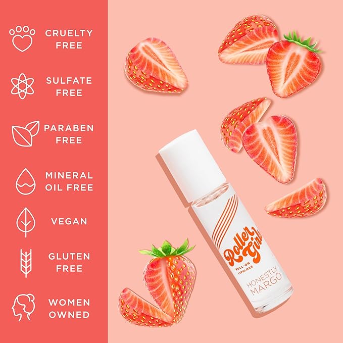 Honestly Margo Roller Girl Roll-On Lip Gloss (Strawberry Amber, 2 Pack) – Lip Gloss for Women with Hydrating Vitamin E & Moisturizing Shine, Refreshingly Lightweight Your Lip Stain, Non Stick Gloss