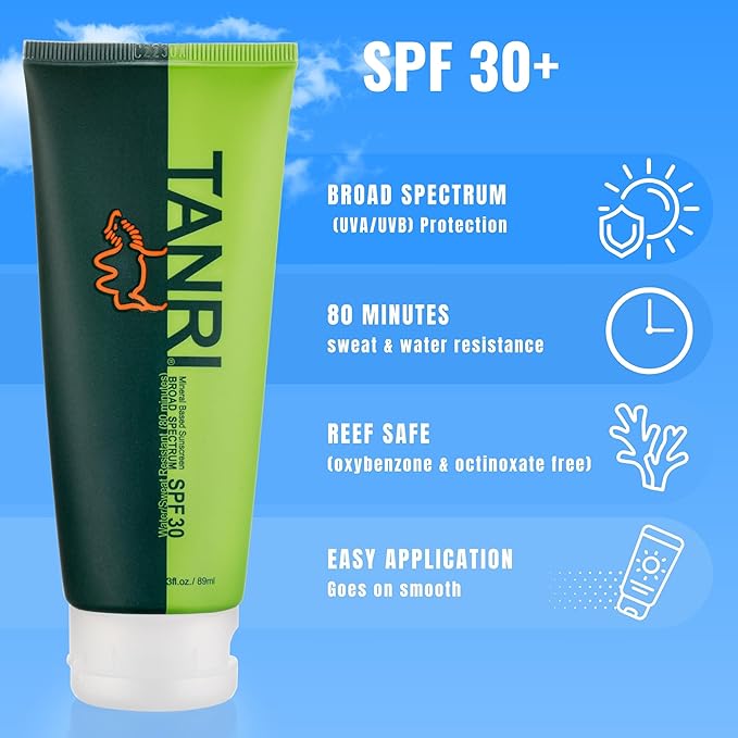 TANRI Mineral Sunscreen SPF30; Reef Safe Sunscreen for Face & Body, Zinc Oxide with Zero White Cast, SPF30 Sunblock for Hiking, Running and Outdoor Sports; 3 fl. oz. (1-Pack)
