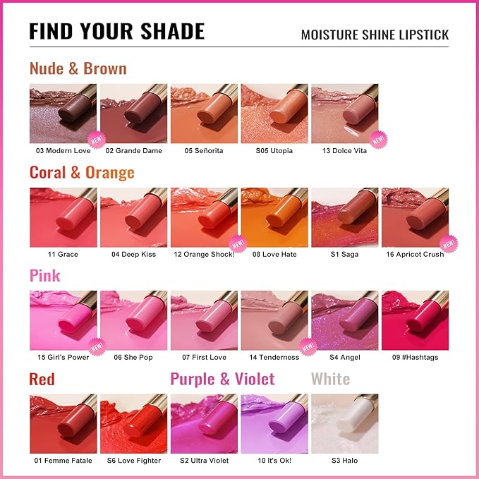 Oulac Moisture Pink Purple Lipstick - 2 in 1 Shimmer Lipstick & Lip Balm, Juicy & Glossy Finish, Long Lasting Hydrating, Smooth for Dry, Cracked and Chapped Lips, Vegan 2.2g/0.07oz (S02)