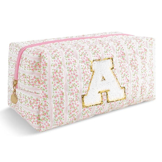Personalized Quilted Cosmetic Bag, Puffy Monogrammed Christmas Birthday Gifts for Women & Girls, Cute initial Floral Makeup Bag Puffer Coquette Bag, Aesthetic Travel Toiletry Zipper Pouch(Pink,A)