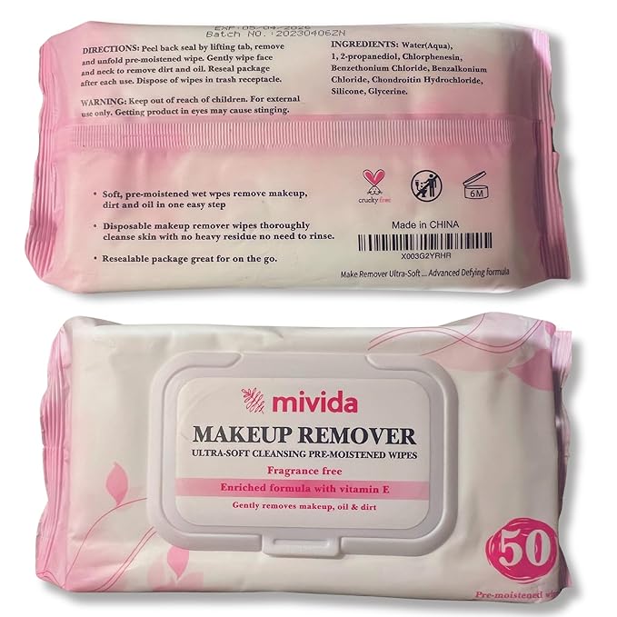 mivida Hypoallergenic Makeup Remover Wipes with Vitamin E | 4x50 count Total 200 bulk make up removing Wipes | Fragrance Free makeup wipes