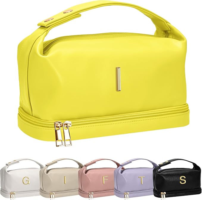 Trendy Gifts for Women, Personalized Makeup Bag with Handle, Initial Double Layer Cosmetic Bag with Makeup Brush Organizer, Cute Cosmetic Pouch for Women, Gifts for 20 Year Old Female
