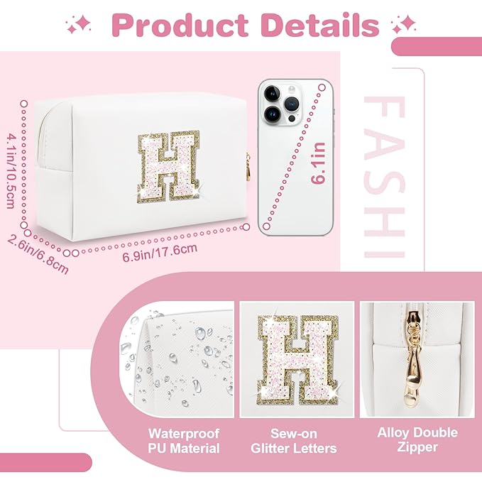 Small Initial Patch Makeup Bag Personalized Gifts Make Up Bag,White Cute PU Leather Glitter Letter Cosmetic Bag with Zipper,Trendy Portable Travel Toiletry Pouch,Preppy Stuff for Teen Girls Women H
