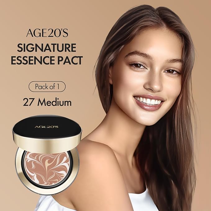 AGE20'S Signature Essence Pact SPF 50+ | Pack of 1 | 27 Medium | Cream Foundation, Dewy Finish, Natural Coverage | Korean Cushion Foundation