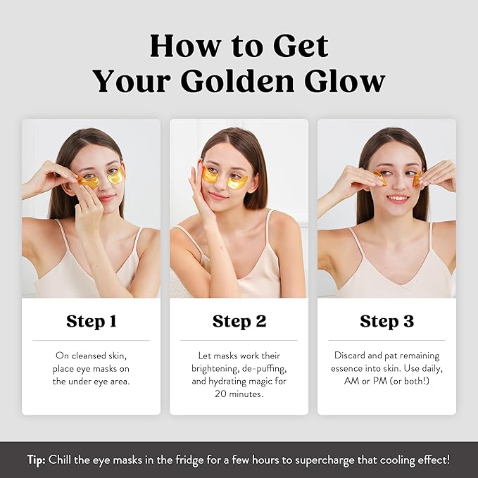 DERMORA Golden Glow Under Eye Patches (100 Pairs Eye Gels) | Rejuvenating Treatment | Dark Circles, Puffy Eyes, Refreshing, Revitalizing, Travel, Wrinkles