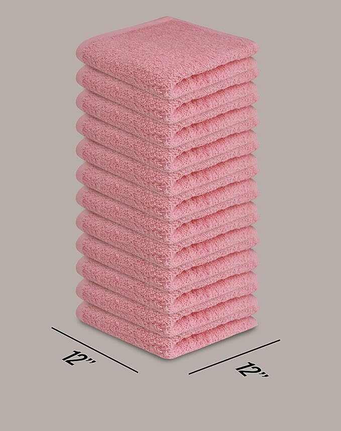 Softolle 100% Cotton Washcloths 24 Pack (12x12 Inches) Soft, Highly Absorbent Washcloth, Face Towels, Wash Cloths for Face, Ring Spun, Bulk Pack (Pink)