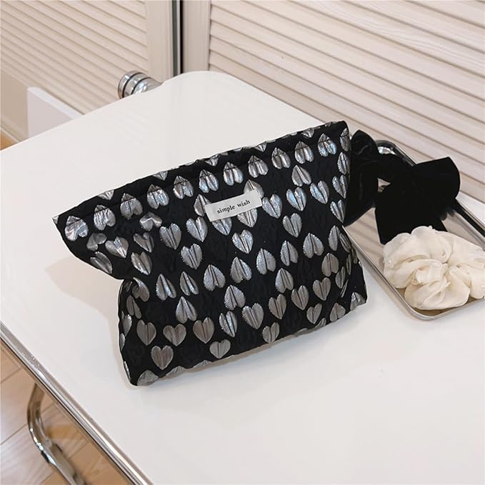 Wudygirl Cute Makeup Bag Cosmetic Bag Travel Cosmetic Pouch for Women Aesthetic Canvas Make up Organizer with Zipper Large Capacity Handbag Pencil Pouch (Black Heart)