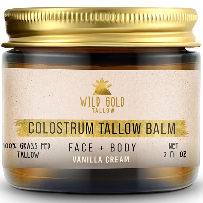 100% Grass Fed Tallow Balm with Colostrum & Emu Oil - Handmade Whipped Beef Tallow for Face and Body, Sensitive Skin Tallow Moisturizer made with True First Colostrum, (Vanilla + Ylang Ylang)