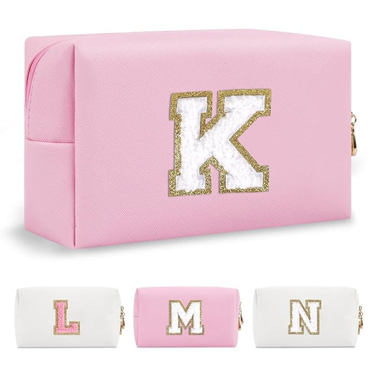 Personalized Initial A-Z Preppy Patch Makeup Bag,Small PU Chenille Letter Cosmetic Bag with Zipper for Teen Girls,Pink Cute Toiletry Organizer Bag,Monogram Makeup Case Gift for Women Girls,Letter K