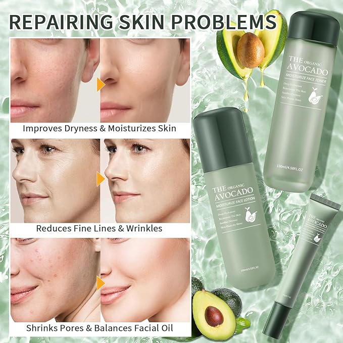 Avocado Skin Care Set, 13-In-1 Travel Skincare Kits for Hydrating & Soothing Skin, Daily Care Routine Kit with Avocado, Anti Aging Facial Kit for Women, Reduces Acne, Fine Lines & Wrinkles.