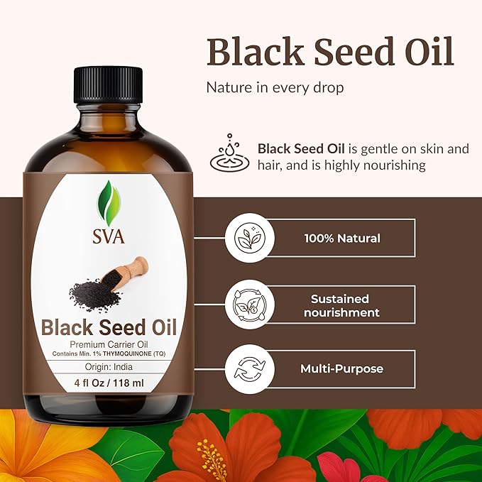 SVA Black Seed Oil - 4 Fl Oz – 100% Natural Cold Pressed Black Seed Oil - for Face, Skin Care, Hair Care, Scalp Massage & Body Massage – Carrier Oil with Dropper