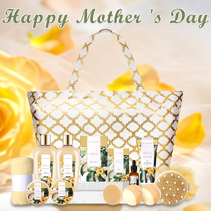 Spa Luxetique Gift Baskets for Women,15 Pcs Vanilla Spa Gifts for Women, Women's Gifts with Bubble Bath, Bath Salt, Bath Bombs, Christmas Spa Baskets