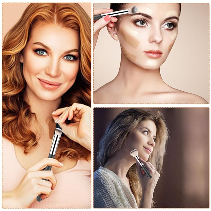 3 Pcs Foundation Contour Brushes - Foundation Brush & Concealer Brush & Blusher Brush, Under Eye Nose Contour Kabuki Brush for Blending Liquid Cream, Sculpting, Highlighting, Mineral Makeup