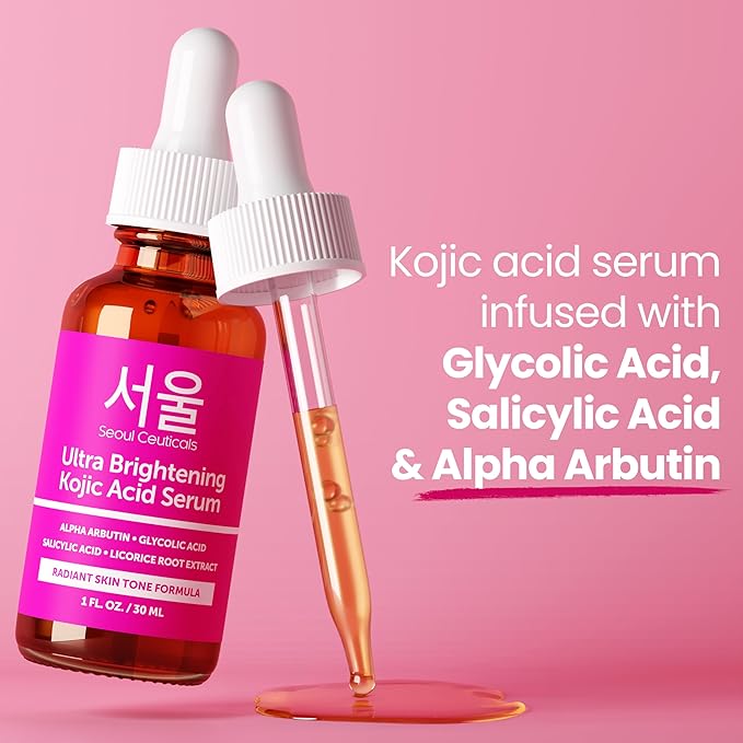 SeoulCeuticals Korean Skin Care Kojic Acid Serum Alpha Arbutin – Dark Spot Remover Corrector Glycolic Acid + Salicylic Acid K Beauty 1oz