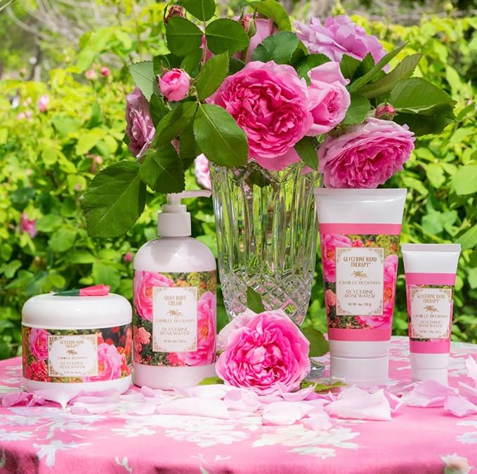 Camille Beckman Essentials Gift Basket - Rosewater Glycerine Hand Therapy 6 oz, Silky Body Cream 13 oz, Hand & Shower Cleansing Gel 13 oz, Glycerine Soap 3.5 oz