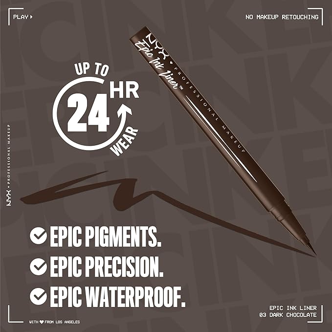 NYX PROFESSIONAL MAKEUP Epic Ink Liner, Waterproof Liquid Eyeliner with Vegan Formula - Dark Chocolate (Dark Brown Matte)