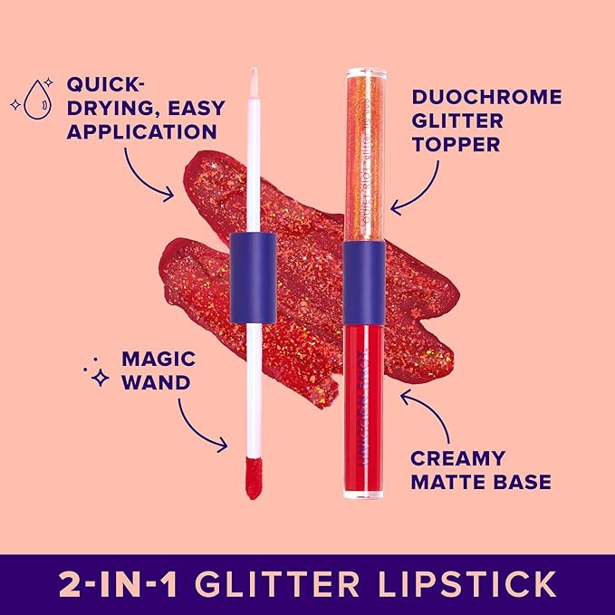 UNICORN SNOT Quiet Riot™ Plastic-Free Glitter Lip Duo | 2-in-1 Set w/Matte Lipstick & Sparkly Glitter Lip Gloss | Halloween Costume Makeup | 0.15oz Red Lipstick & 0.16oz Gloss (Clash)