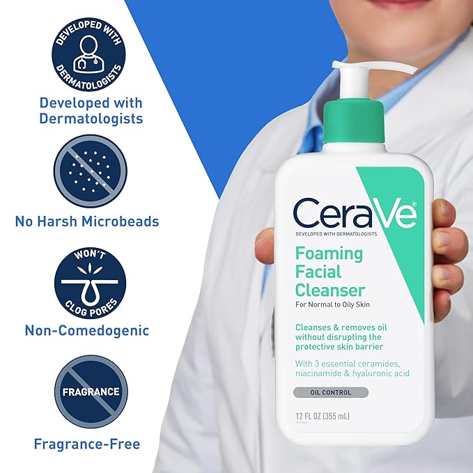 CeraVe Foaming Facial Cleanser, Daily Face Wash for Oily Skin, Hyaluronic Acid + Ceramides + Niacinamide, Fragrance Free & Paraben Free, Non-Drying Oil Control Face Wash, 16 Fluid Ounces