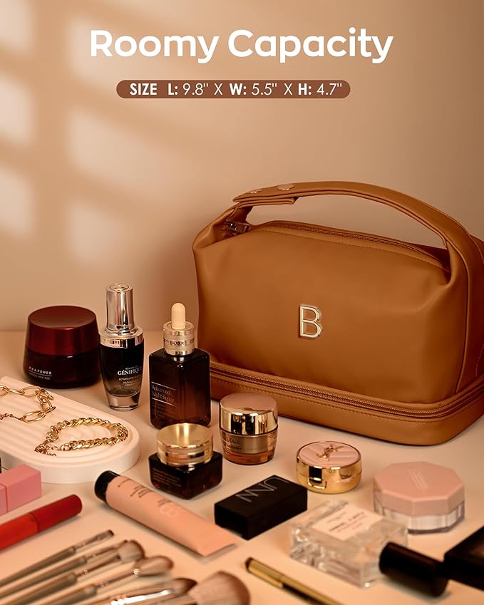 Unique Birthday Gifts for Women, Personalized Makeup Bag with Handle, Initial Double Layer Cosmetic Bag with Makeup Brush Organizer, Cute Cosmetic Pouch for Women, Tween Gift Ideas