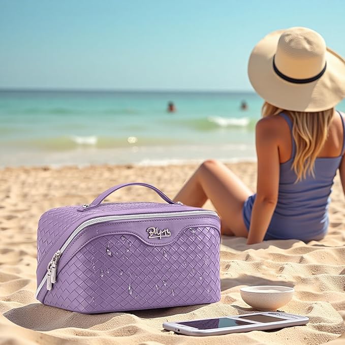 BOYATU Travel Makeup Bag Cosmetic Bags for Women: Large Capacity 3 Pcs Set Make up Bag with Compartments - Waterproof Vegan Leather Toiletry Organizer Bags with Handle - Travel Essentials(L01 Purple)