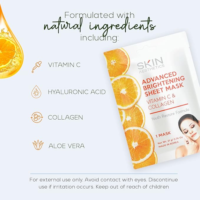 Vitamin C & Collagen Sheet Face Mask - Reduces Wrinkles & Age Spots, Hydrating - Dermatologist Tested Korean Skincare - Clean Beauty, Cruelty-Free - 5 Masks